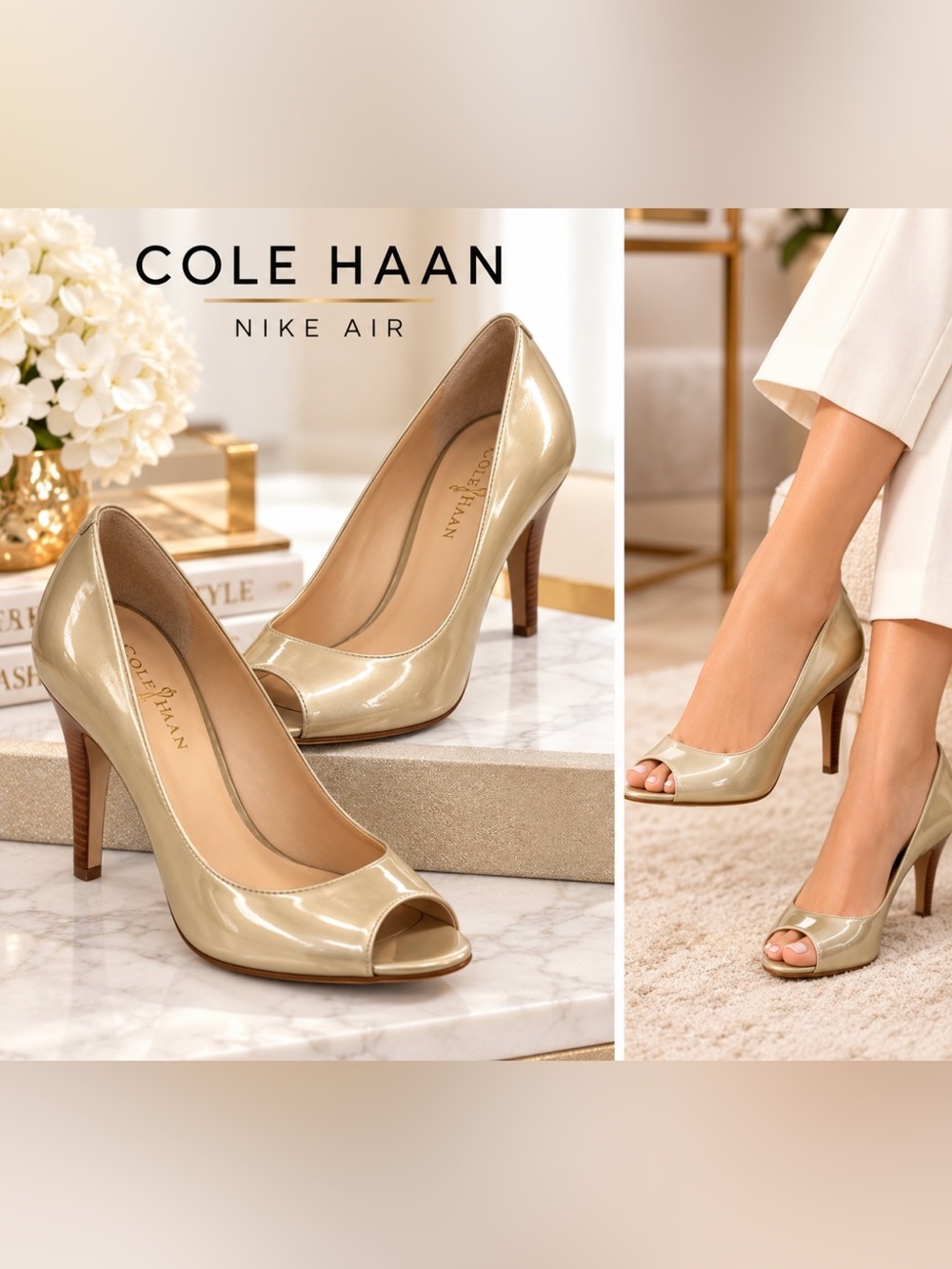 Cole Haan Women’s Metallic Gold Patent Peep-Toe Pumps Size 9B
